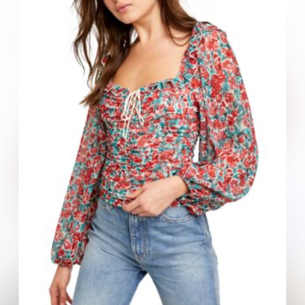 Free People Mabel Floral Printed Red/Blue Long Sleeve Blouse Large EUC MSRP $98